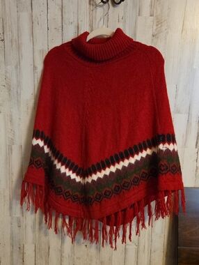 ALPACA Red Turtleneck Fringe Knit Poncho Sweater - Women's